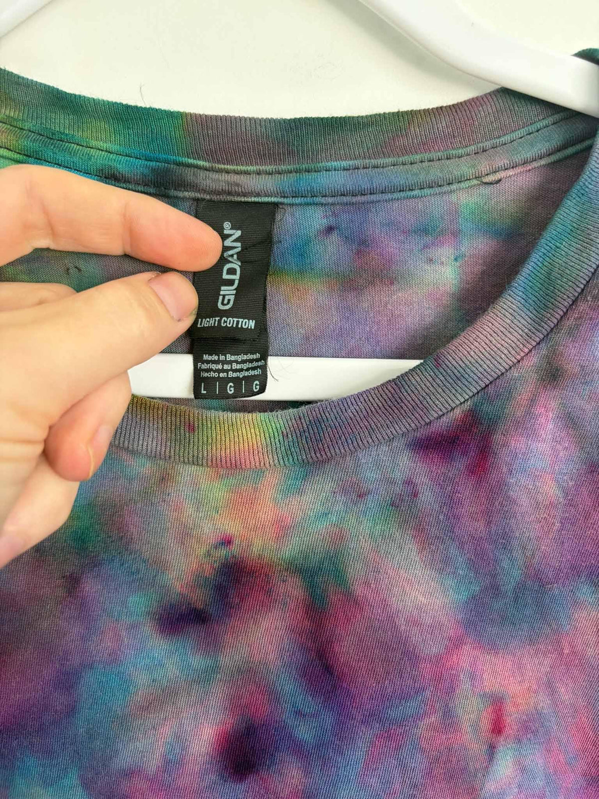 Large Reverse Tie Dye T-Shirt, Purple Pink Teal on Black, Heart Design, Ice Dye Gildan Light Cotton Bleach Dye Tee