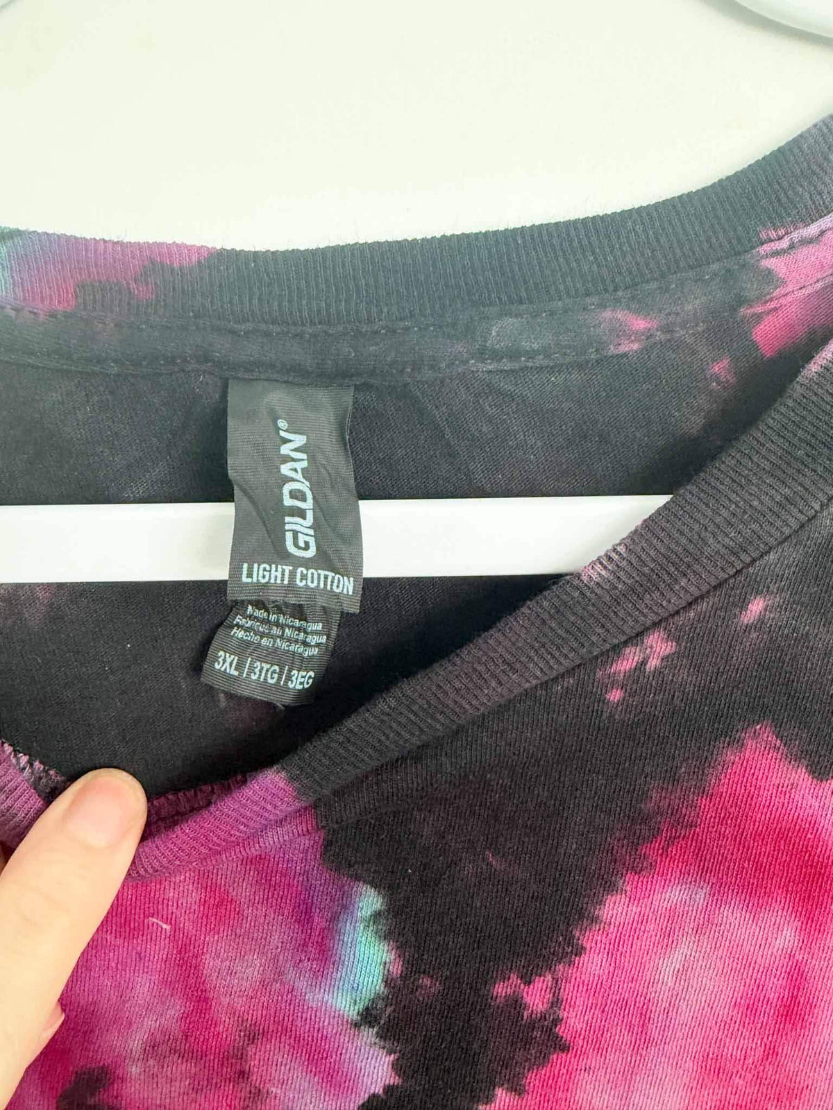 3XL Reverse Spiral Geode Tie Dye T-Shirt, Pink Orange Teal Rainbow on Black, Gildan Light Cotton Bleach Dye Tee