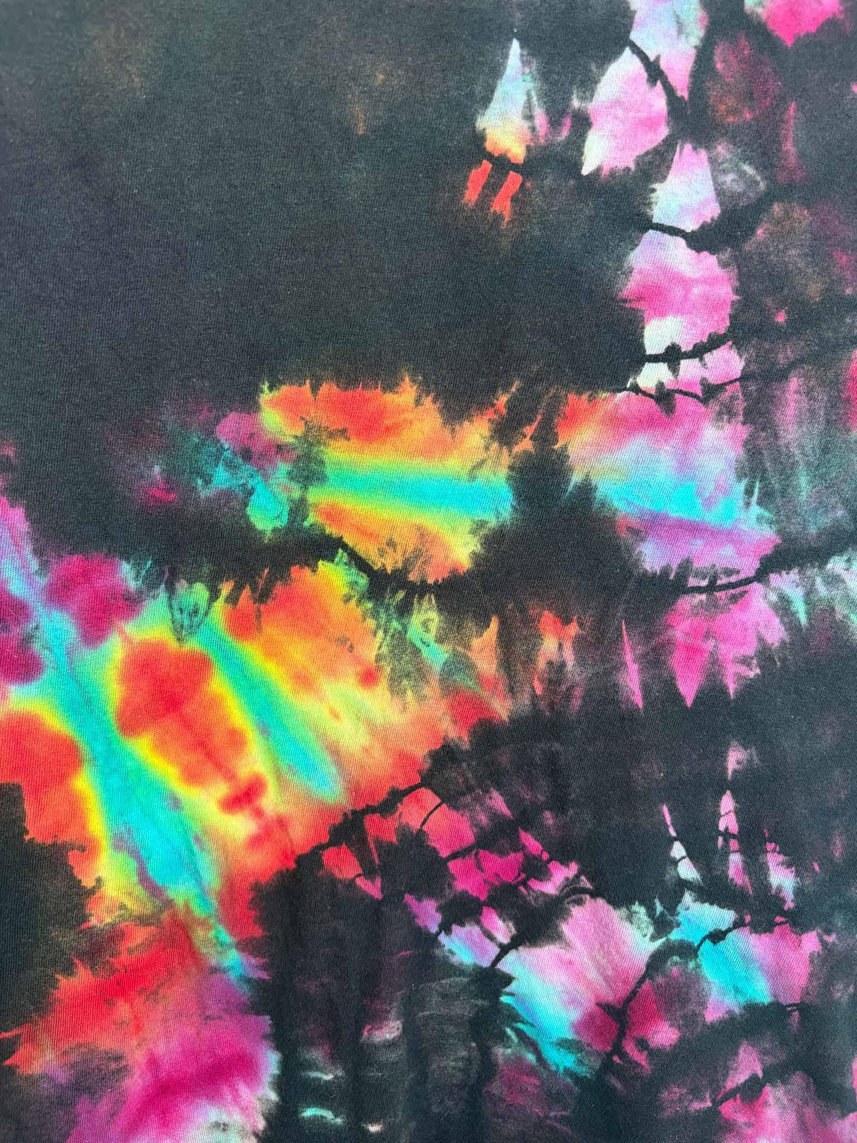 3XL Reverse Spiral Geode Tie Dye T-Shirt, Pink Orange Teal Rainbow on Black, Gildan Light Cotton Bleach Dye Tee