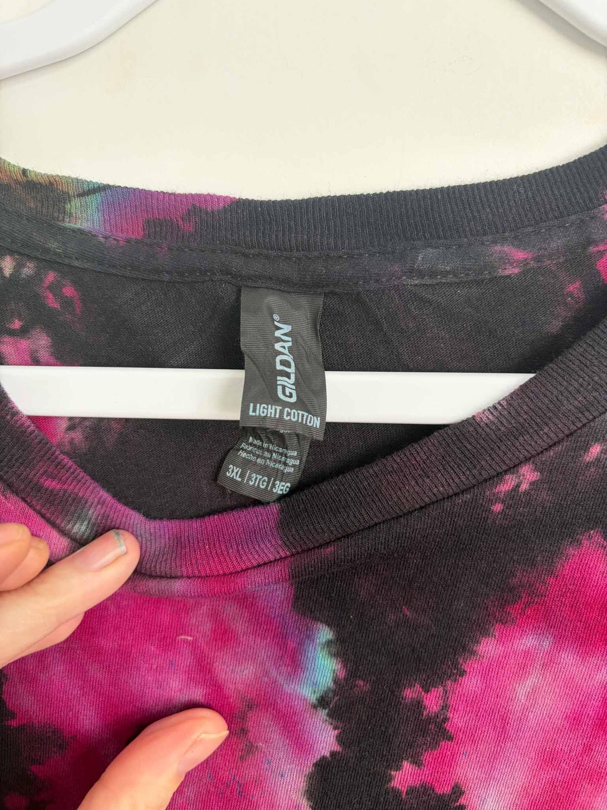 3XL Reverse Spiral Geode Tie Dye T-Shirt, Pink Orange Teal Rainbow on Black, Gildan Light Cotton Bleach Dye Tee